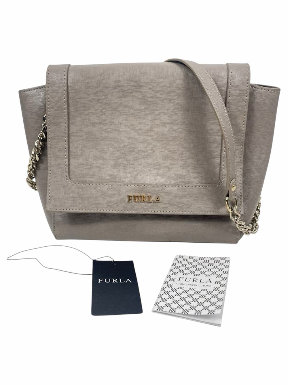 Furla Ginevra Leather Mini Crossbody Bag Sabbia Beige Gray Gold Chain
